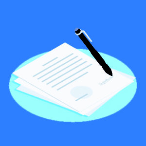 Entertainment Contract and Pen - Kuznetsky Law Group - Isometric vector image on a blue background, a white sheet with the contract or business document and a pen for signing, the conclusion of contracts